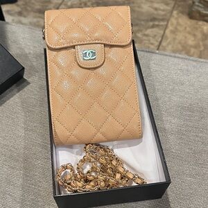 Beige Quilted Phone case Bag with Chain